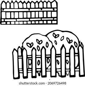 Objetos de calle de doodle dibujados a mano vectorial, barandilla azul, arbustos verdes, templos vectoriales 