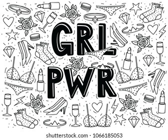 Vector hand drawn doodle style illustration with "Girl's power" lettering and women's stuff isolated from white background