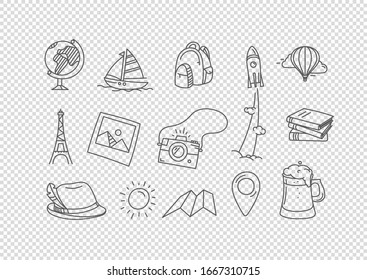 Vector hand drawn doodle style elements isolated on transparent background. Travel elements