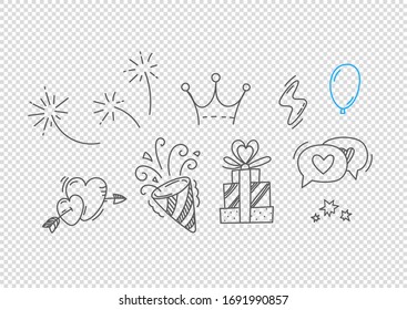 Vektorillustration handgezeichnet, doodle Elemente einzeln auf transparentem Hintergrund. Vektorillustration von Konstruktionselementen