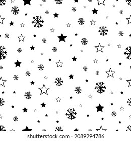 Patrón sin inconvenientes de estilo de doodle dibujado a mano vectorial. Los copos de nieve y la textura de las estrellas. Patrón decorativo repetible para las impresiones o plantillas de concepto de Navidad o invierno de Año Nuevo.