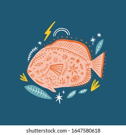 Dibujo del doodle dibujado a mano estilizado en el contorno de la ilustración de peces tropicales. Arte de fauna decorativa con adorno abstracto