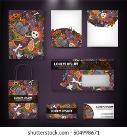 Vector hand drawn doodle template of Halloween for cover design, business card, envelope, letterhead, brochure and book. Realistic corporate identity brand mock up.