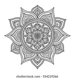 Vector hand drawn doodle tribal mandala. Ethnic mandala with ornament and dots. Isolated. Black and white colors. Outline. Coloring page for everybody.