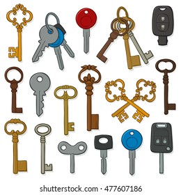 Vector hand drawn doodle of various vintage and modern keys collection isolated on white
