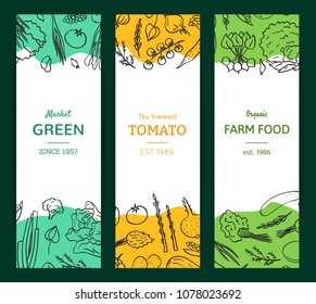 Vector hand drawn doodle vegetables icons vertical flyer or banner templates illustration