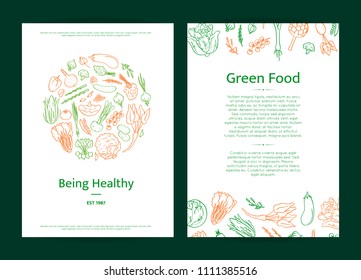 Vector hand drawn doodle vegetables icons card or brochure template illustration. Healthy food products. Vegan elements.