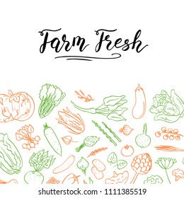 Vector hand drawn doodle vegetables icons background with place for text illustration. Healthy food products. Vegan elements.