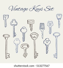 Vector hand drawn doodle vintage keys collection. Isolate design elements on white background, wedding and scrapbooking design elements set.