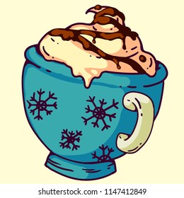 A vector hand drawn doodle of warming hot drink with whipped cream in a cute cup. Full colored art for advertising, banners, leaflets and menu