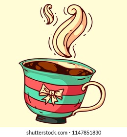 A vector hand drawn doodle of warming hot drink in a cute cup with ribbon. Full colored art for advertising, banners, leaflets and menu. Stripes, Christmas colors