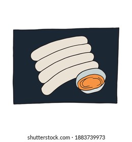 Combustible de doodle con espuma de vectores, salchicha bávara tradicional. Cocina alemana. Elemento de esbozo de diseño para la cafetería de menú, el restaurante. Ilustración colorida sobre un fondo blanco.