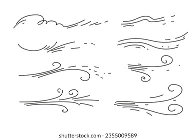 Vector hand drawn doodle wind line sketch set. gust design isolated on white background