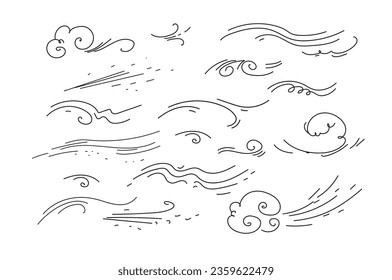 Vector hand drawn doodle wind line sketch set. gust design isolated on white background