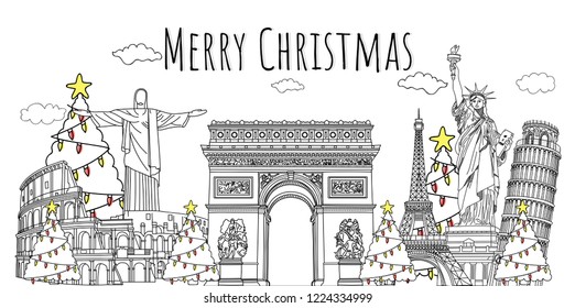 vector hand drawn doodle of the World's Landmark on Christmas Eve ,Christmas Tree,merry christmas text