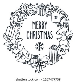 Vector hand drawn doodle wreath with Merry Christmas greetings in black isolated over white. Santa hat, tree, reindeer, snowman, snowflakes, gifts, decorations, holly, candies, sock, stars.