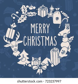 Vector hand drawn doodle wreath with Christmas greetings in white over blue. Santa hat, tree, reindeer, snowman, snowflakes, gifts, decorations, holly, candies, sock, stars.