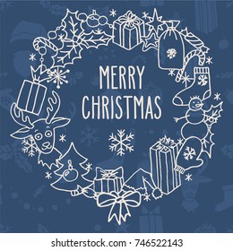 Vector hand drawn doodle wreath with Christmas greetings in white over blue. Santa hat, tree, reindeer, snowman, snowflakes, gifts, decorations, holly, candies, sock, stars.