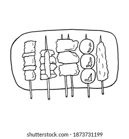 Vector hand drawn doodle yakitori. Japanese barbecue. Design sketch element for menu cafe, restaurant, label and packaging. Illustration on a white background.