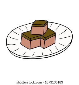 Vector hand drawn doodle yokan. Japanese steamed cake. Design sketch element for menu cafe, restaurant, label and packaging. Colorful illustration on a white background.