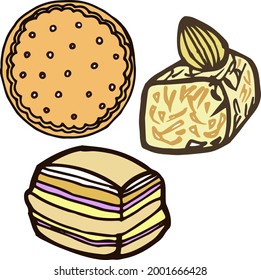 Vector hand drawn doodles bar utensil, coffee objects, sweet cookies, Turkish delight