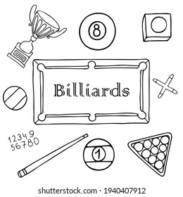 Vector hand drawn doodles with billiards elements on white background