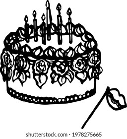 Vector hand drawn doodles birthday objects, birthday cake with candles, decorative lips on stick