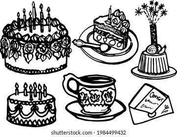 Vector hand drawn doodles birthday objects set, birthday cakes with candles and salutes, tea cup, congrats letter
