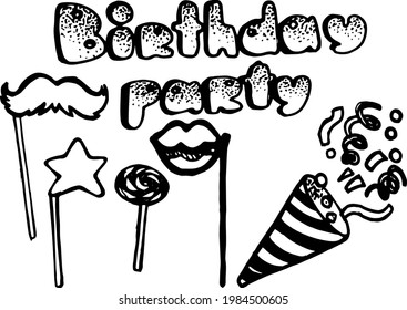 Vector hand drawn doodles birthday objects set, birthday pattern lettering, birthday decoration, confetti cone