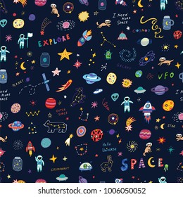 vector hand drawn doodles cartoon seamless pattern of Space objects: stars, planets, cosmonauts.