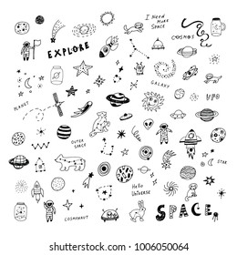 vector hand drawn doodles cartoon set of Space objects: stars, planets, cosmonauts.