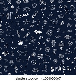 vector hand drawn doodles cartoon seamless pattern of Space objects: stars, planets, cosmonauts.