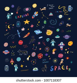 vector hand drawn doodles cartoon set of Space objects: stars, planets, cosmonauts.