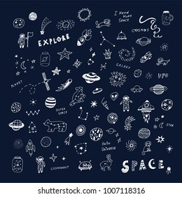 vector hand drawn doodles cartoon set of Space objects: stars, planets, cosmonauts.