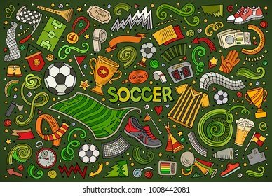 Vector hand drawn doodles cartoon set of football objects and elements