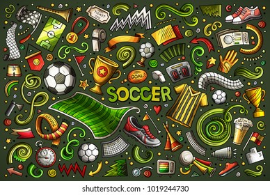 Vector hand drawn doodles cartoon set of football objects and elements