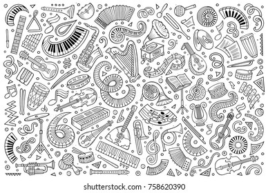 Vector hand drawn doodles cartoon set of classical musical instruments objects and elements