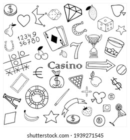 Vektorhandgezeichnete Doodles mit Casinoelementen auf weißem Hintergrund