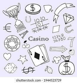 Vector hand drawn doodles with casino elements on grey background for illustration, coloring, print, backgrounds and other