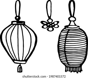 Vector hand drawn doodles chinese lanterns, chinese decore, vector objects, chinese amulet, charm
