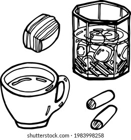 Vector hand drawn doodles coffee objects, glass with ice cubes, espresso cup