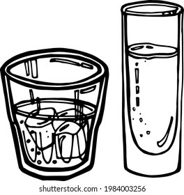 Vector hand drawn doodles coffee objects, glasses with water for coffee