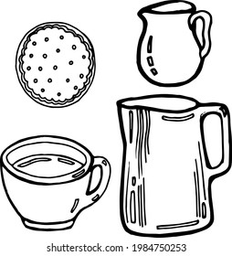 Vector hand drawn doodles coffee objects set, milk jug, cookie, americano cup