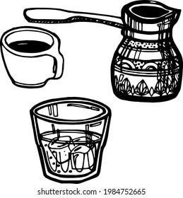 Doodles dibujados a mano vectores objetos de café, gezve, taza de espresso, vidrio con agua, cubos de hielo