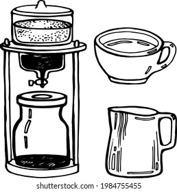 Vektor handgezeichnete Doodles Kaffeeservice, kalte BH Teekanne, Milchkrug, American Cup