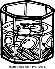 Vector hand drawn doodles coffee objects, water for coffee, glasses with liquid, ice cubes,  vector lined object