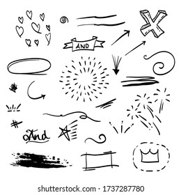 Vector hand drawn. doodles collection of curly arrow. swishes, swoops, swirl, heart, love, crown, firework, highlight text and emphasis element, use for concept design