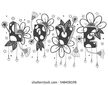 Vector hand drawn doodles of cute love word with flower for valentine's day