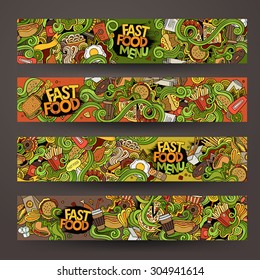 Vector hand drawn doodles fast food banners design templates set