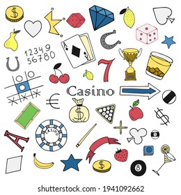 Vector hand drawn doodles with multicolored casino elements on white background